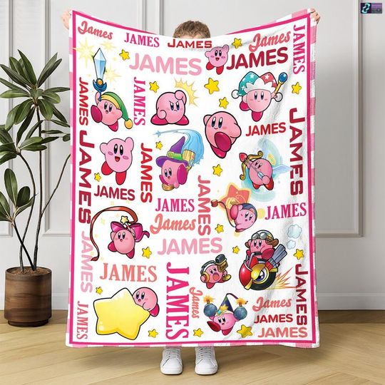 Personalized Watercolor Kirby Fleece Blanket, Gaming Kirby Birthday Gift, Kirby Birthday Blanket, Custom Kirby Fleece Blanket For Couch Sofa