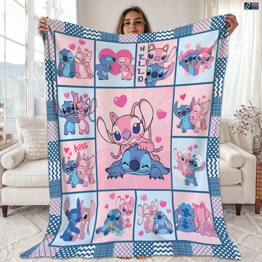 Disneyland Stitch Angel Fleece Blanket, Stitch And Angel Throw Blanket For Bed Couch Sofa, Stitch And Angel Birthday Gift, Valentines Gift