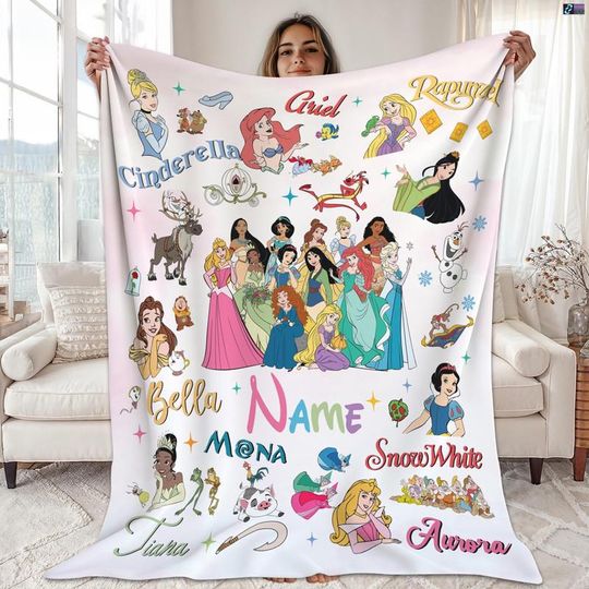 Discover Personalized Watercolor Disneyland Princess Blanket, Custom Name Baby Girl Blanket, Disneyland Princess Birthday Gift, Disneyland Princess
