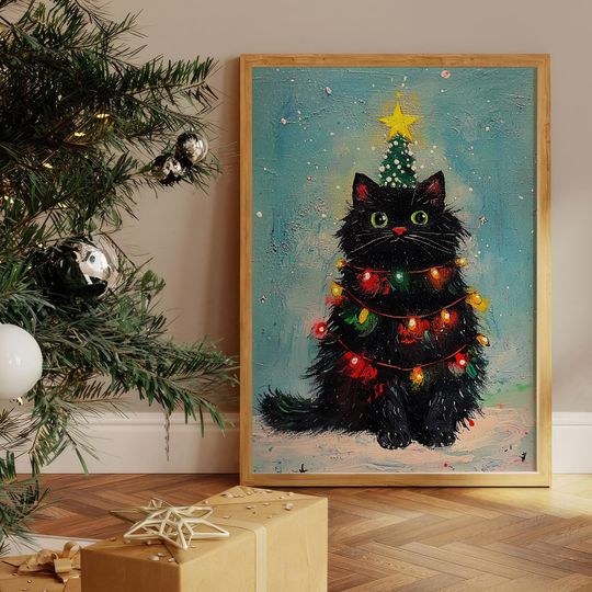 Discover Black Cat Christmas Tree Oil Painting Altered Merry Christmas Funny Cat Poster Funny Xmas Home Decor Holiday Gift For Christmas