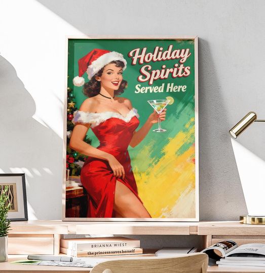 Discover Retro Holiday Spirits Wall Art | Vintage Christmas Pin Up Poster | Holiday Home Decoration Print | Retro Woman Christmas