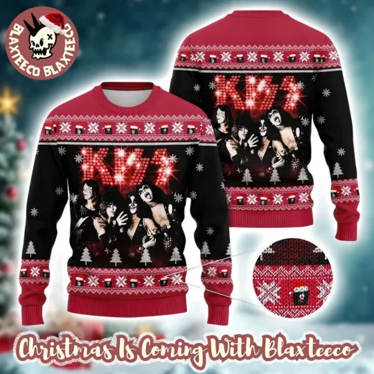 Discover Kiss Rock Fan Ugly Christmas Sweater with Sparkle Logo Holiday 2025