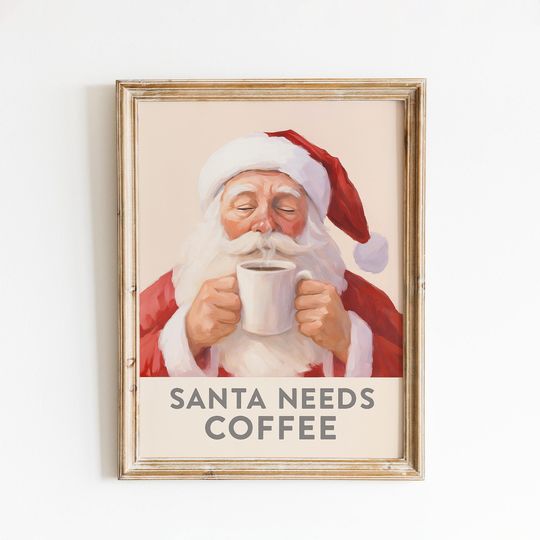 Discover Santa Needs Coffee Poster  Funny Christmas Wall Art, Retro Holiday Kitchen Print