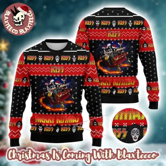 Discover Kiss Rock Band On Sleigh Merry Kissmas Ugly Christmas Sweater 2025