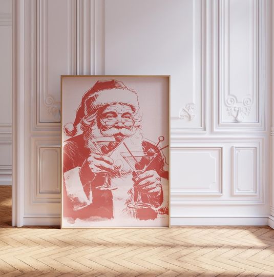 Discover Vintage Santa Martini Christmas Print Bar Cart Wall Art Cocktail Seasonal Painting Trendy Home Decor Holiday Cheers Gift for Friend Cute