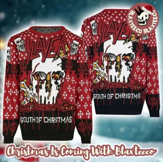 Discover Slayer Band South of Christmas Bloody Skull Santa Ugly Sweater 2025