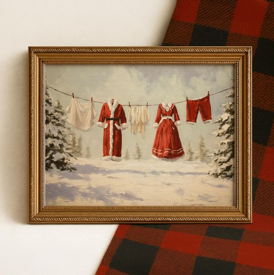 Discover Santa Clothesline Christmas Print: Cozy Winter Wall Art | Rustic Holiday Laundry Scene | Vintage Christmas Decor | Digital Download | #1566