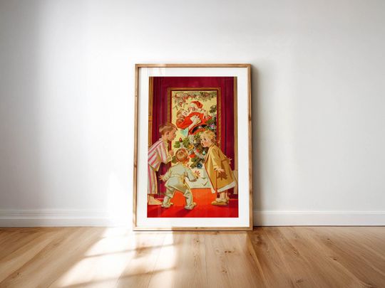 Discover Kissing Santa Print: Retro Christmas Art Funny Xmas Poster Holiday Decor