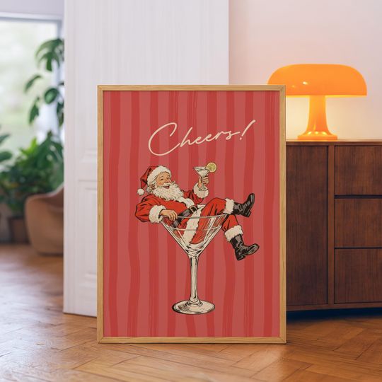 Discover Retro Cheers Santa Claus Poster, Trendy Red Santa Martini Bar Cart Decor, Funny Christmas Wall Art, Vintage Holiday Cocktail Print, Digital