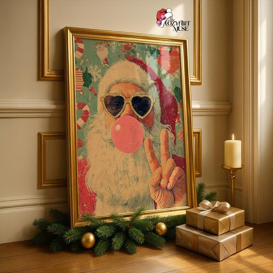 Discover Vintage Santa Bubblegum Art Print: Retro Christmas Decor (Digital Download)
