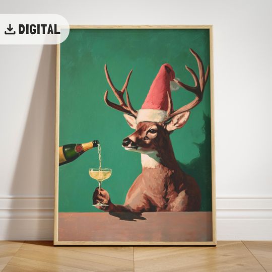 Discover Funny Reindeer Christmas Print: Deer Champagne Cocktail Bar Cart Art, Whimsical Xmas Wall Decor