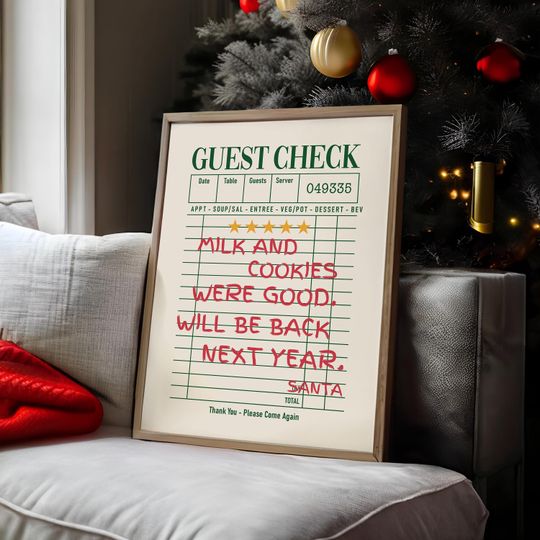 Discover Cookies Were Good Guest Check Poster, Trendy Christmas Print, Vintage Print, Funky Retro Christmas Poster, Santa Wall Art - Optional Frame