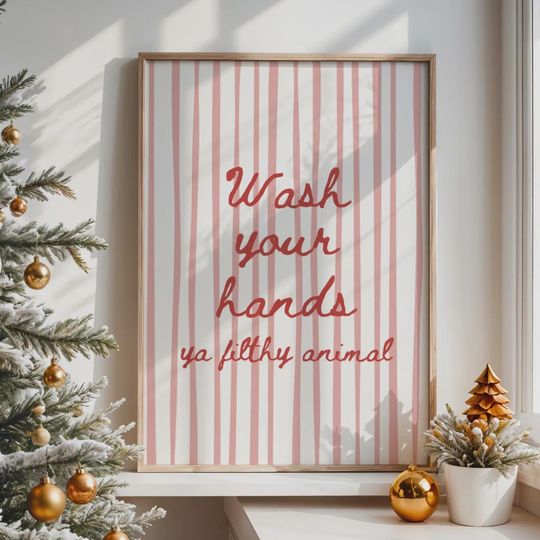 Discover Wash Your Hands Ya Filthy Animal Print, Striped Christmas Wall Art, Funny Toilet Poster for Christmas Bathroom Decor, Digital Download