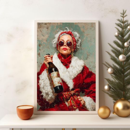 Discover Funny Mrs Claus Wall Art,Cool Grandma Christmas Poster,Wine Lover Holiday Decor,Vintage Holiday Wall Art,Retro Christmas Decor,Funny Art
