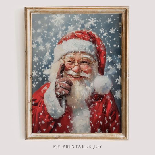 Santa Claus Winking Snowy Christmas Art Festive Holiday Wall Decor Winter Santa Claus Print Christmas Decoration