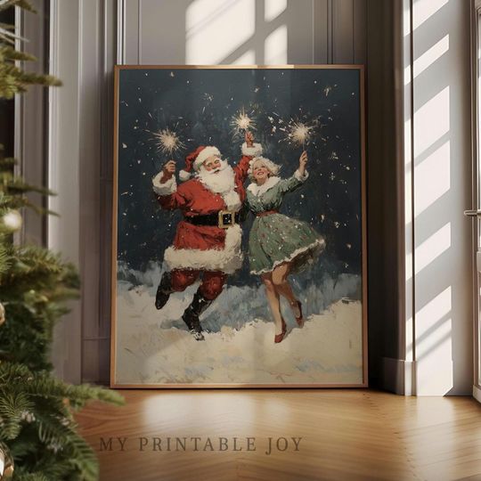 Discover Vintage Dancing Santa and Mrs. Claus - Festive Christmas Illustration, Cheerful Retro Holiday Art, Printable Wall Decor, Snowy Night 502