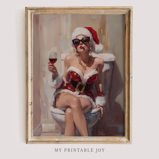 Discover Funny Bathroom Christmas Santa Glamorous Holiday Wall Art Oil Painting Chic Bathroom Decor Wine Lover Printable Christmas Art