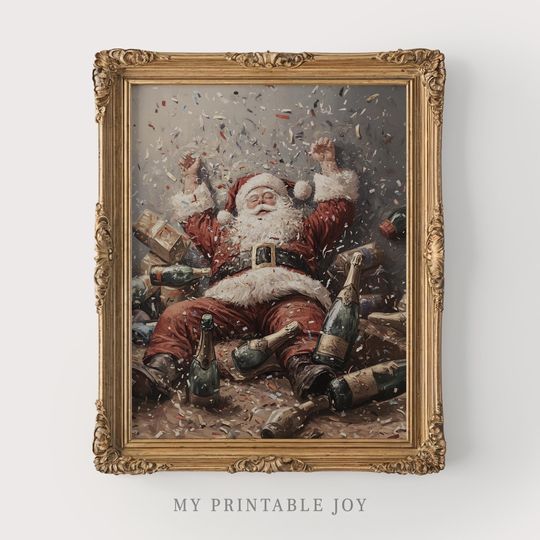 Discover Vintage Santa Claus Print - Festive New Years Celebration Scene, Playful & Moody Winter Art, Humorous Christmas Decor, Digital Download 506