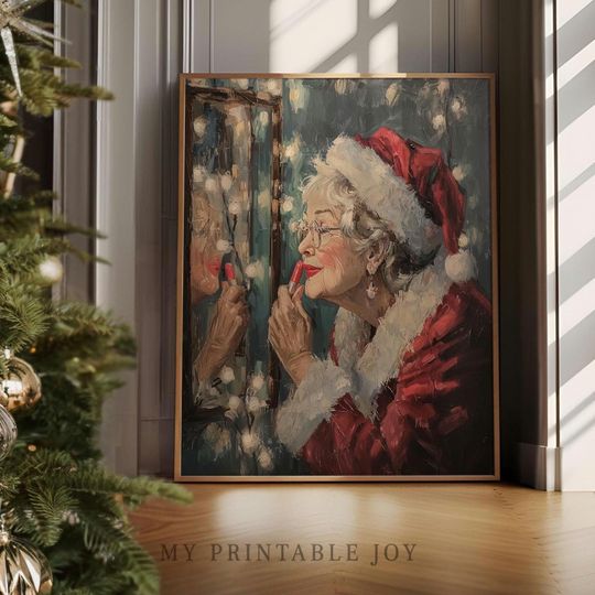 Discover Vintage Mrs. Claus Applying Lipstick Portrait - Festive Holiday Art, Funny Bathroom Print, Cozy Christnas Scene, Printable Download 499