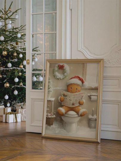 Discover Funny Gingerbread Bathroom Wall Art | Christmas Toilet Humor Print | Gingerbread Man with Santa Hat | Holiday Decor