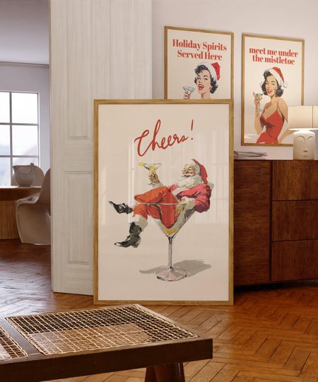 Discover Cheers Santa Claus Poster, Funny Retro Christmas Wall Art, Vintage Holiday Cocktail Print, Santa Martini Bar Cart Decor DIGITAL DOWNLOAD