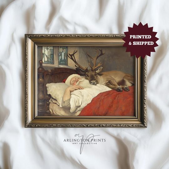 Discover Vintage Christmas Wall Art, Cute Bedtime Santa Painting, PRINTED AND SHIPPED, Sleepy Reindeer Nursery Print, Seasonal Christmas Decor