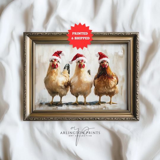 Discover Funny Christmas Chicken Wall Art Print, Whimsical Farmhouse Holiday Decor, UNFRAMED Chickens in Santa Hats Nursery Poster 4-20