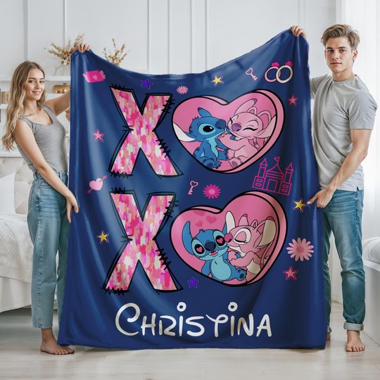 Discover Personalized Stitch Angel Blanket, Valentine Stitch Blanket Gift, Custom Name Disney Kids Blanket, Throw Gift, Birthday Gift, Christmas