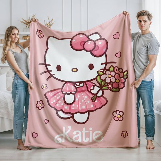 Personalized Valentine Hello Kitty Blanket, Custom Kids Baby Blanket Gift, Custom Throw Gift, Birthday Gift, Sanrio Blanket, Christmas