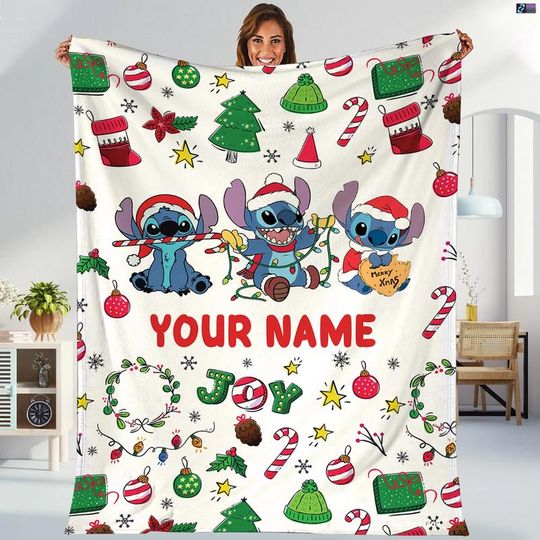 Disneyland Stitch Christmas Blanket, Stitch Lilo Xmas Fleece Blanket, Stitch Angel Disneyland Christmas Throw Blanket For Bed Couch Sofa