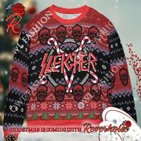 Slayer Sleigher Logo Ugly Xmas Sweater Candy Cane Skull Pattern Holiday Gift