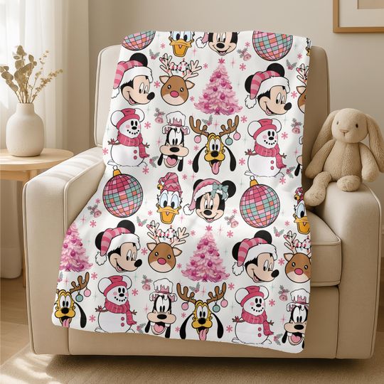 Discover Disney Mickey & Friends Christmas Pink Tree Blanket, Pink Christmas Tree Blanket, Mickey's Very Merry Christmas Blanket, Disney Gift
