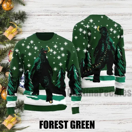 god zilla Ugly Xmas Sweater, Retro King of Monsters Holiday Jumper, Unisex 3D Sweater