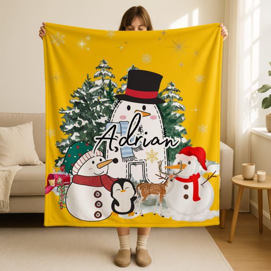 Discover Family Initial On A Christmas Velveteen Blanket, Personalized Seasonal Home Decor, Custom Name Christmas Blanket,Toddler Christmas Bedding