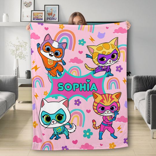 Custom Superkitties Blanket, Custom Super Kitties Blanket, Super Kittie Buddy Bitsy Ginny Sparks Hero Blanket, Cat Superhero Kitties