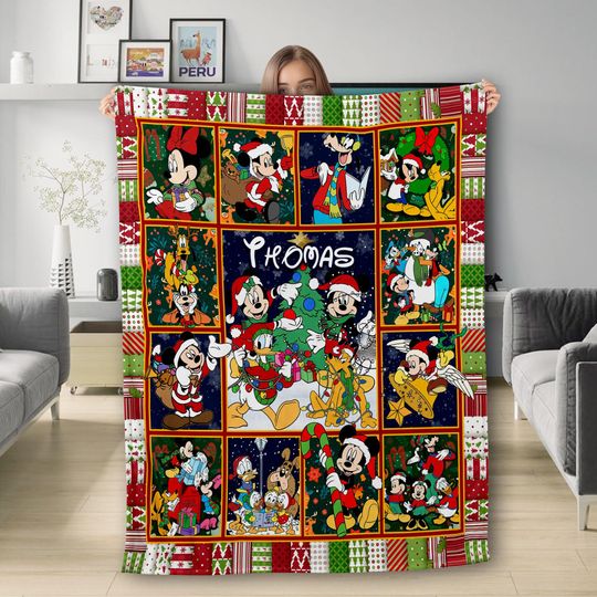 Discover Personalized Mickey and Friends Santa Claus Christmas Blanket, Mickey's Very Merry Christmas Party Home Decor, Family Christmas Tree