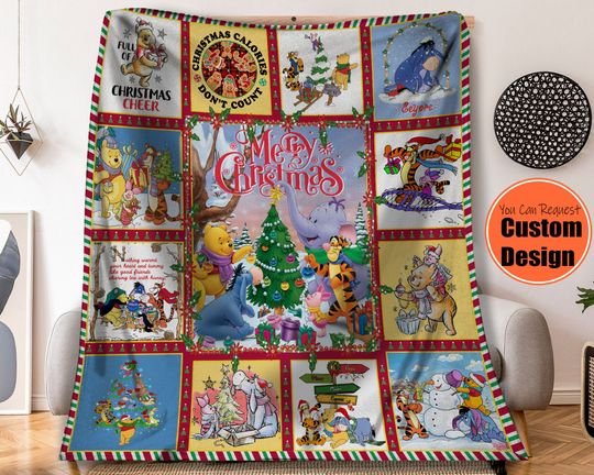 Discover Winnie The Pooh Merry X-mas Fleece Blanket, Pooh Piglet Tigger Eeyore, Disney Blanket Home Decor, Disney Christmas Gift For Baby Kid Adult