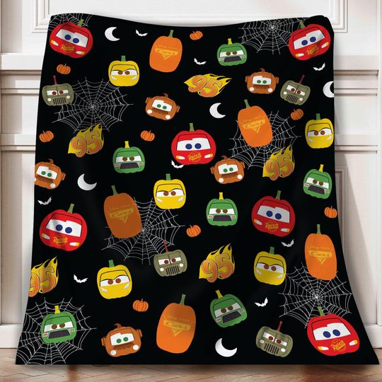 Discover Cute Radiator Springs Car Group Halloween Blanket, Pixar Car Pumpkin Fleece Blanket, Disney Trunk Or Treat Cozy Blanket, Spooky Home Decor