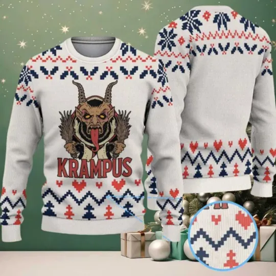 Cream Red Blue Nordic Pattern Krampus Demon Christmas Ugly Sweater