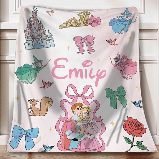 Discover Custom Sleeping Beauty Watercolor Coquette Bows Blanket, Disney Fairy Godmothers Fleece Blanket, Aurora Princess Bedding, Gift For Her