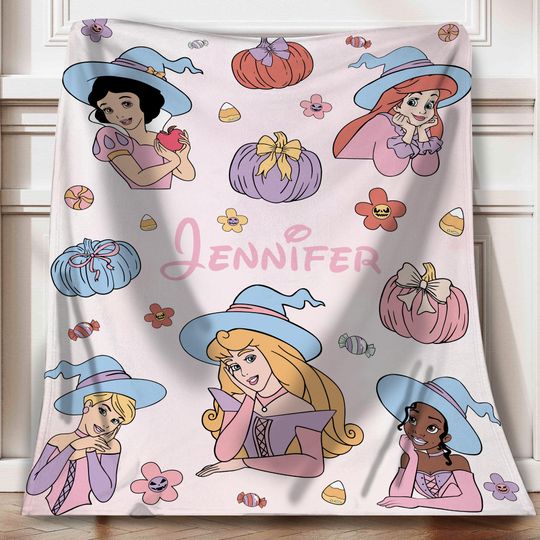 Discover Custom Princesses Witch Hat Halloween Blanket, Watercolor Pumpkin Coquette Bow Fleece Blanket, Disney Princesses Trick Or Treat Home Decor
