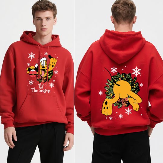 Discover Disney Pluto Print Mens Fleece Hoodie Sweatshirt Warm Comfortable Pullover for Holiday Travel Christmas Party Casual Winter Wear