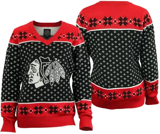 Discover Team Beans Women's Chicago Blackhawks Ugly Holiday Sweater, Black-Red, Christmas Gift