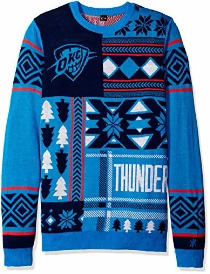 Discover Men's Oklahoma City Thunder Patches Ugly Sweater, Blue, Christmas Gift