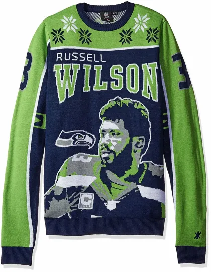 Discover football Men's Seattle Russell Wilson #3 2015 Ugly Sweater,Green, Christmas Gift