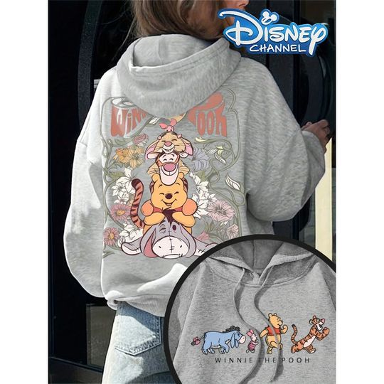 Discover Disney Women's Hooded Sweatshirt - Winnie The Pooh and Friends Floral Print Winter Pullover Cute Character Design Daily Wear