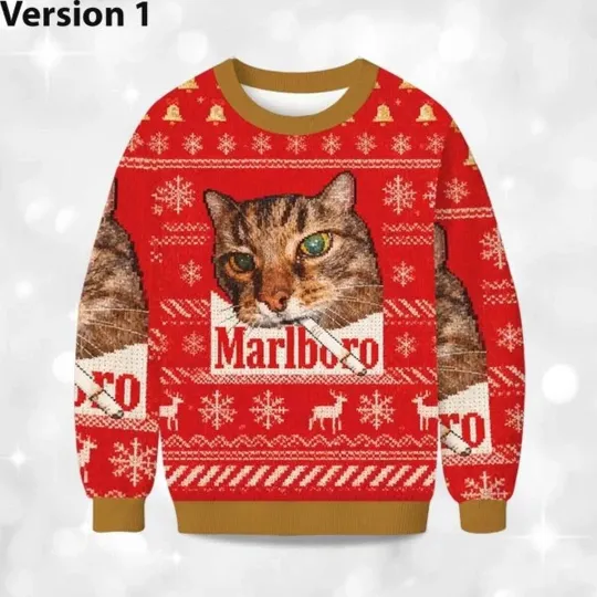 Discover Funny Smoking Cat Meme Ugly Christmas Sweater, Holiday Party Jumper