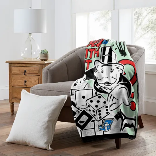 Northwest Hasbro Gaming Monopoly Roll Silk Touch Sherpa Throw Blanket
