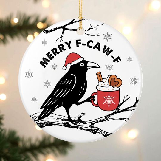 Discover Funny Crow Christmas F-Caw-F Ornament, Retro Santa Christmas, Black Bird Ceramic