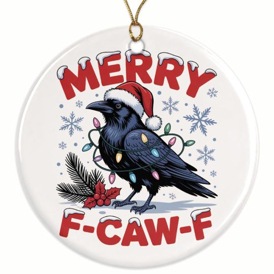 Merry F-Caw-F Raven Christmas Ornament, Santa Hat Bird Holiday Decoration